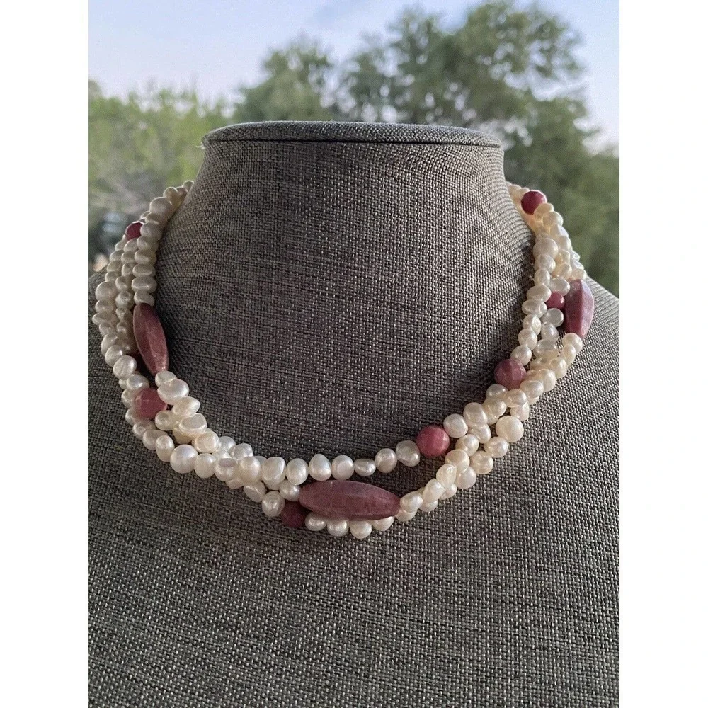 Necklace Pearls Rhodonite Three Strands 17”+3” 925 Findings Artisan